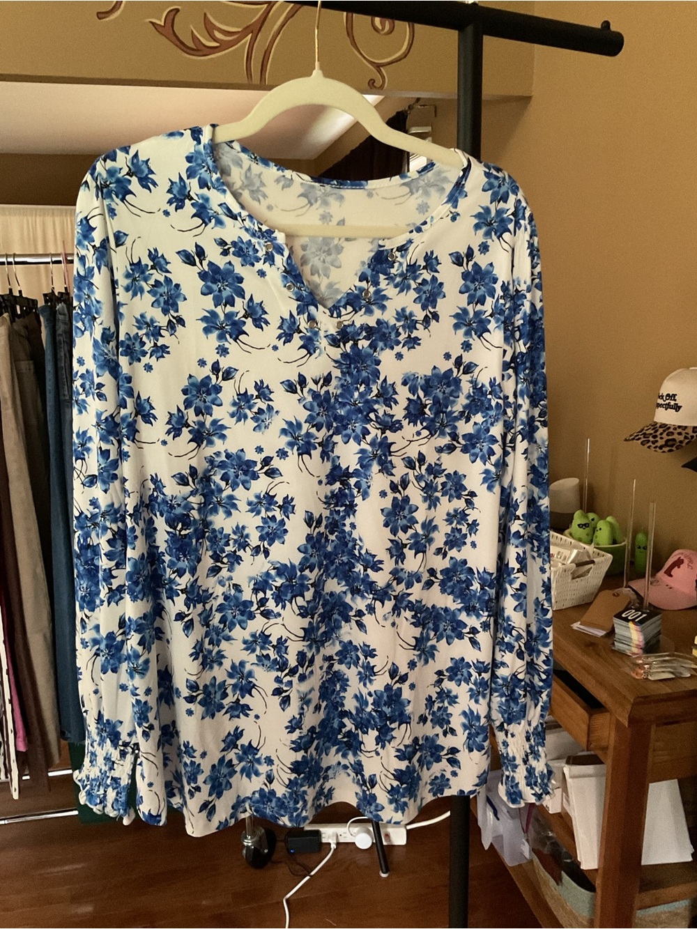 Blue Floral Split-Neck Long Sleeve Blouse